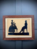 Antique 19thC Silhouette Portrait in Oak Frame – Family Scene, Signed & Rare