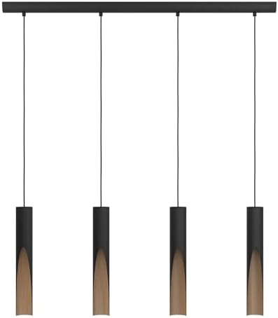 Eglo Barbotto 4-Light LED Pendant – Black Metal & Oak Wood Look