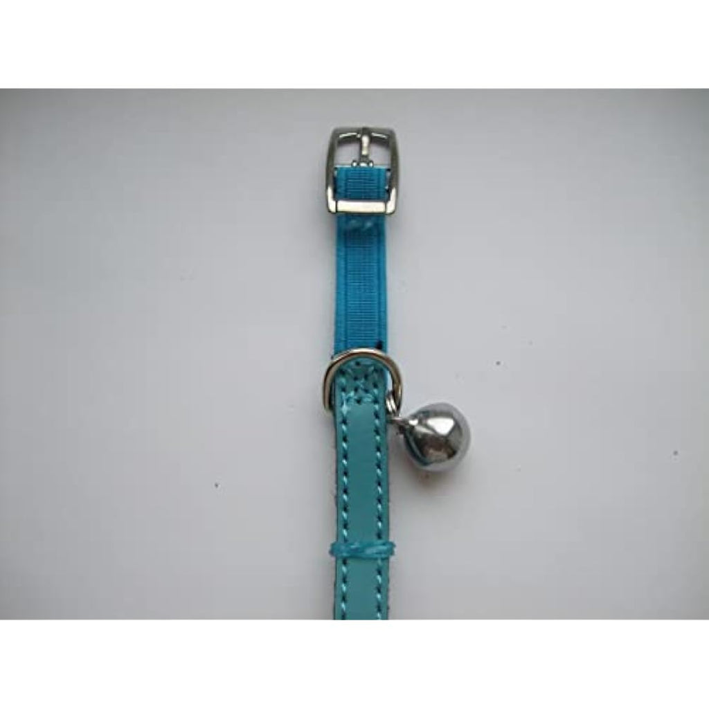 Genuine Leather Cat Collar with Safety Elastic and Bell – Blue