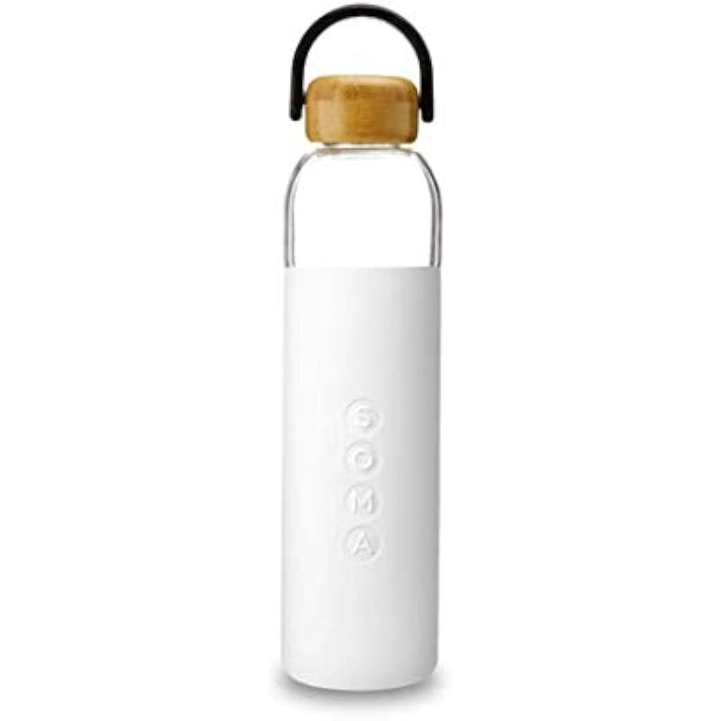 Soma Glass Water Bottle with Bamboo Cap – White Silicone Sleeve, 24oz