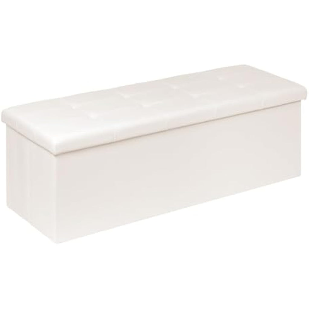 Bonlife Folding Storage Ottoman Bench | White Faux Leather Toy Box