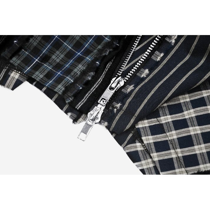 Dark in Love Sage Plaid Patchwork Pleated Mini Skirt with Leather Waist