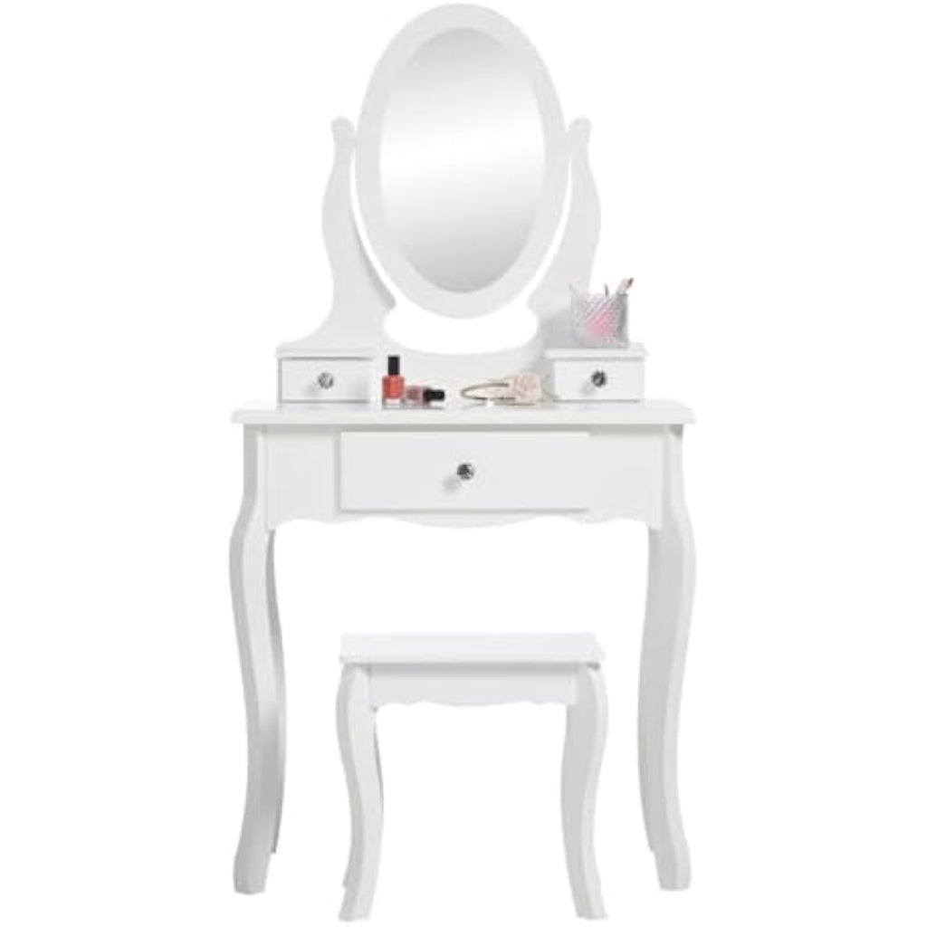Runesol Girls White Wooden Dressing Table Set with Mirror and Stool