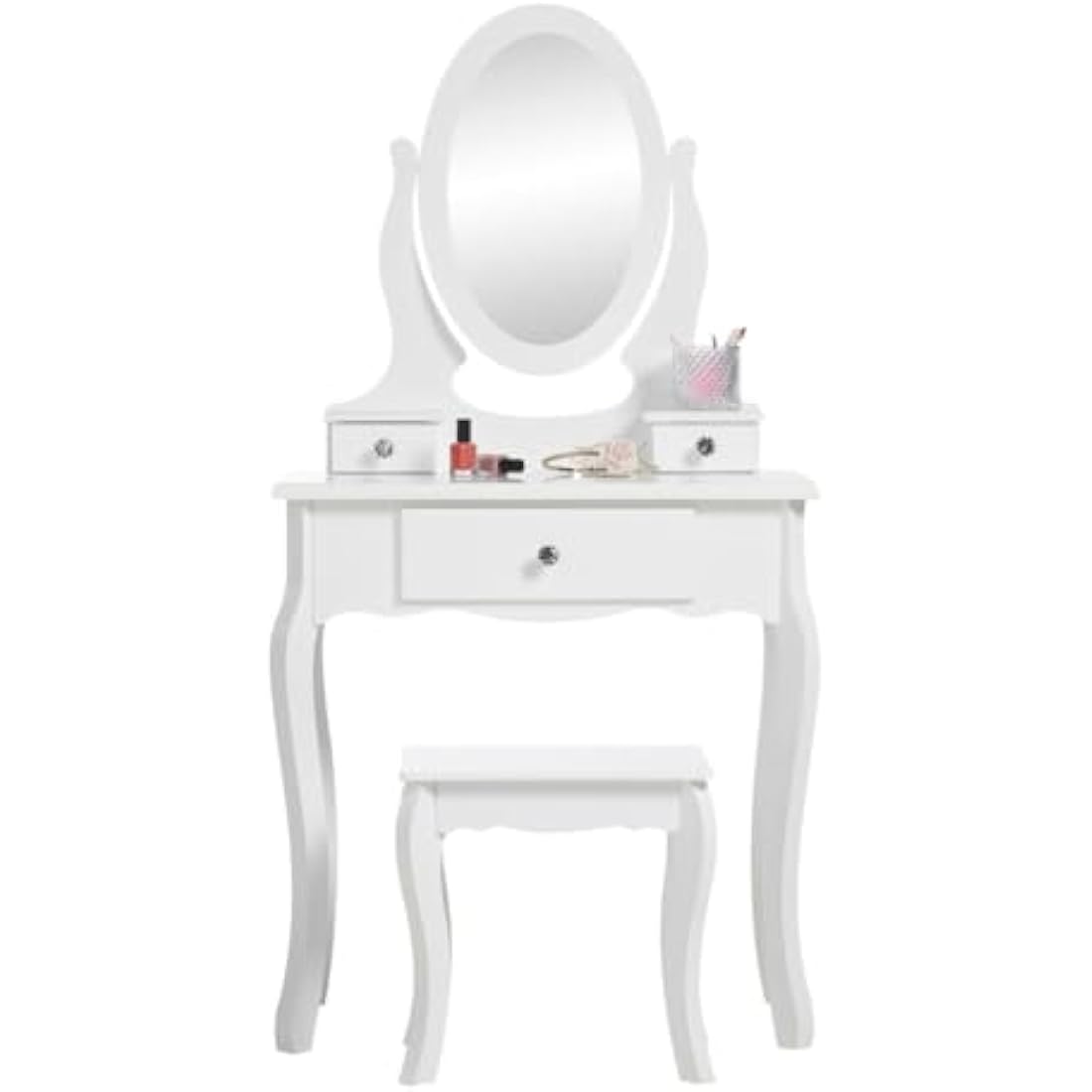 Runesol Girls White Wooden Dressing Table Set with Mirror and Stool