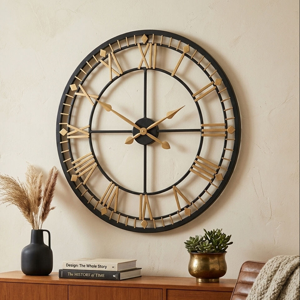 Orsina Vitus Metal Wall Clock – Small Industrial Grey and Gold Design