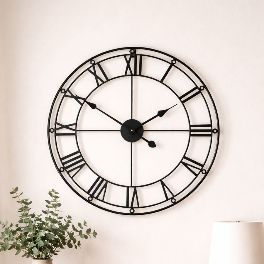 Orsina Baywood Large Metal Wall Clock – Matt Black Roman Numeral
