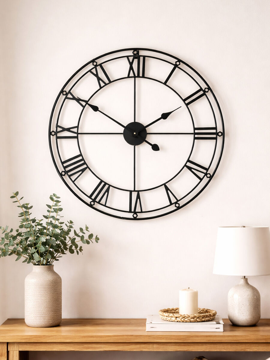 Orsina Baywood Large Metal Wall Clock – Matt Black Roman Numeral