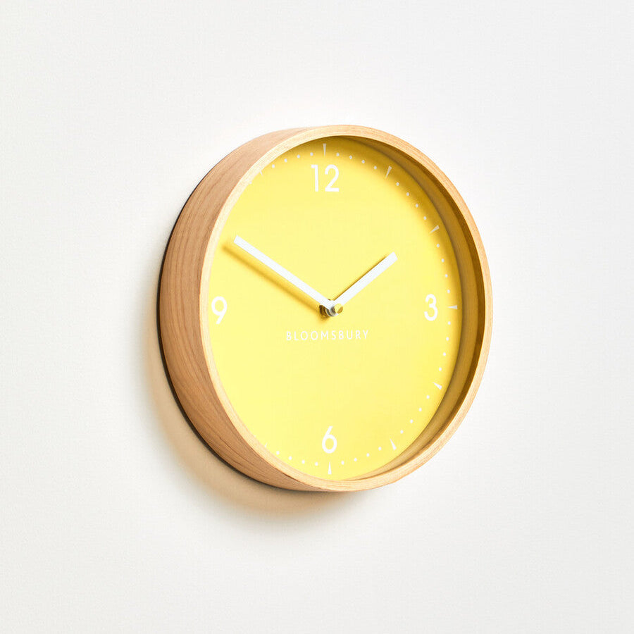 Orsina Vitus Small Yellow Wall Clock – Modern Glass & Natural Wood