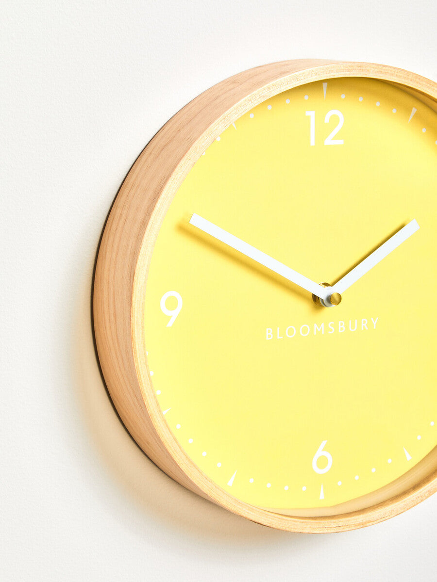 Orsina Vitus Small Yellow Wall Clock – Modern Glass & Natural Wood
