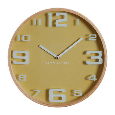 Orsina Vitus Yellow Wood Wall Clock – Large Digit Silent Timepiece