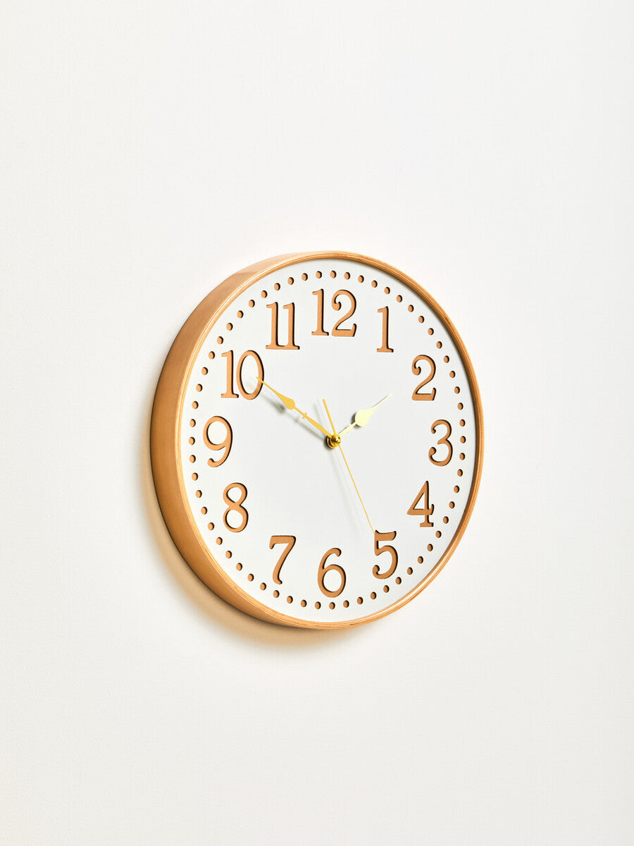 Orsina Vitus White Wood Wall Clock with Gold Numbers | 12-Inch Round