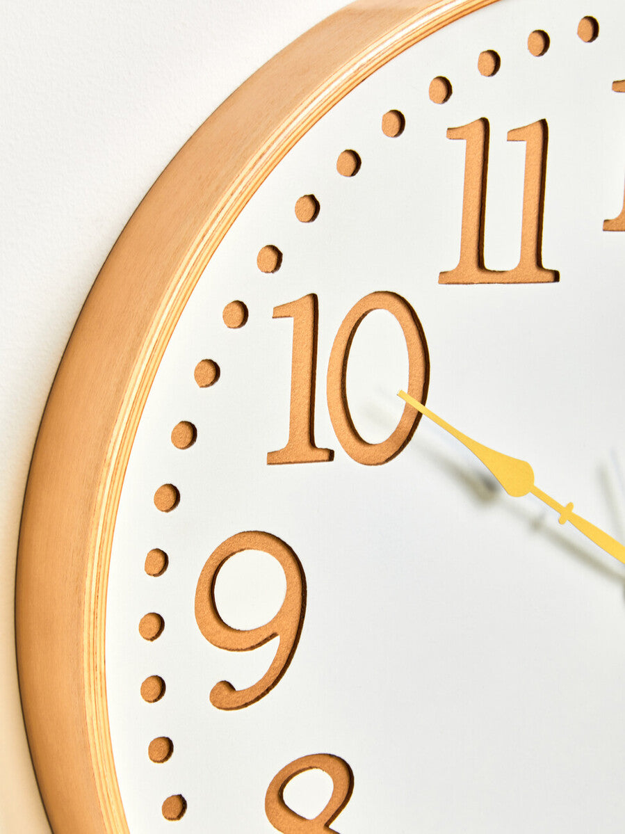 Orsina Vitus White Wood Wall Clock with Gold Numbers | 12-Inch Round