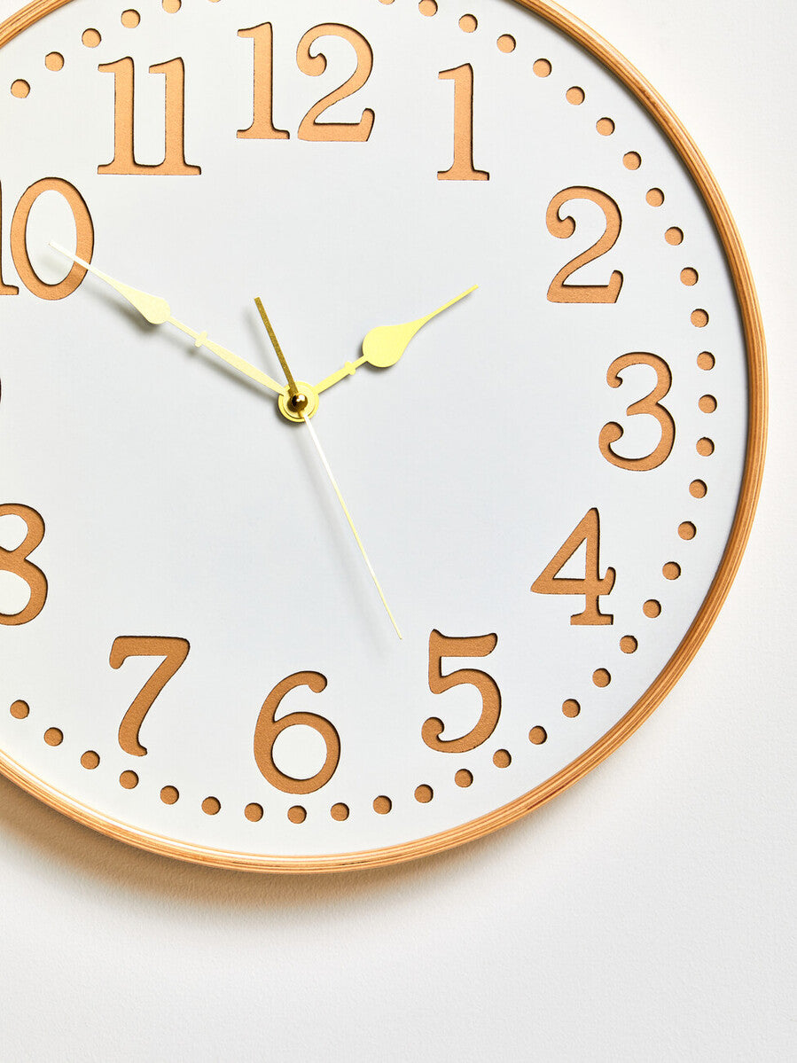 Orsina Vitus White Wood Wall Clock with Gold Numbers | 12-Inch Round