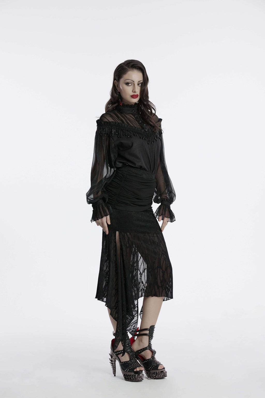 Punk Rave Arti Fishtail Skirt – Black Mesh and Modal Gothic Maxi