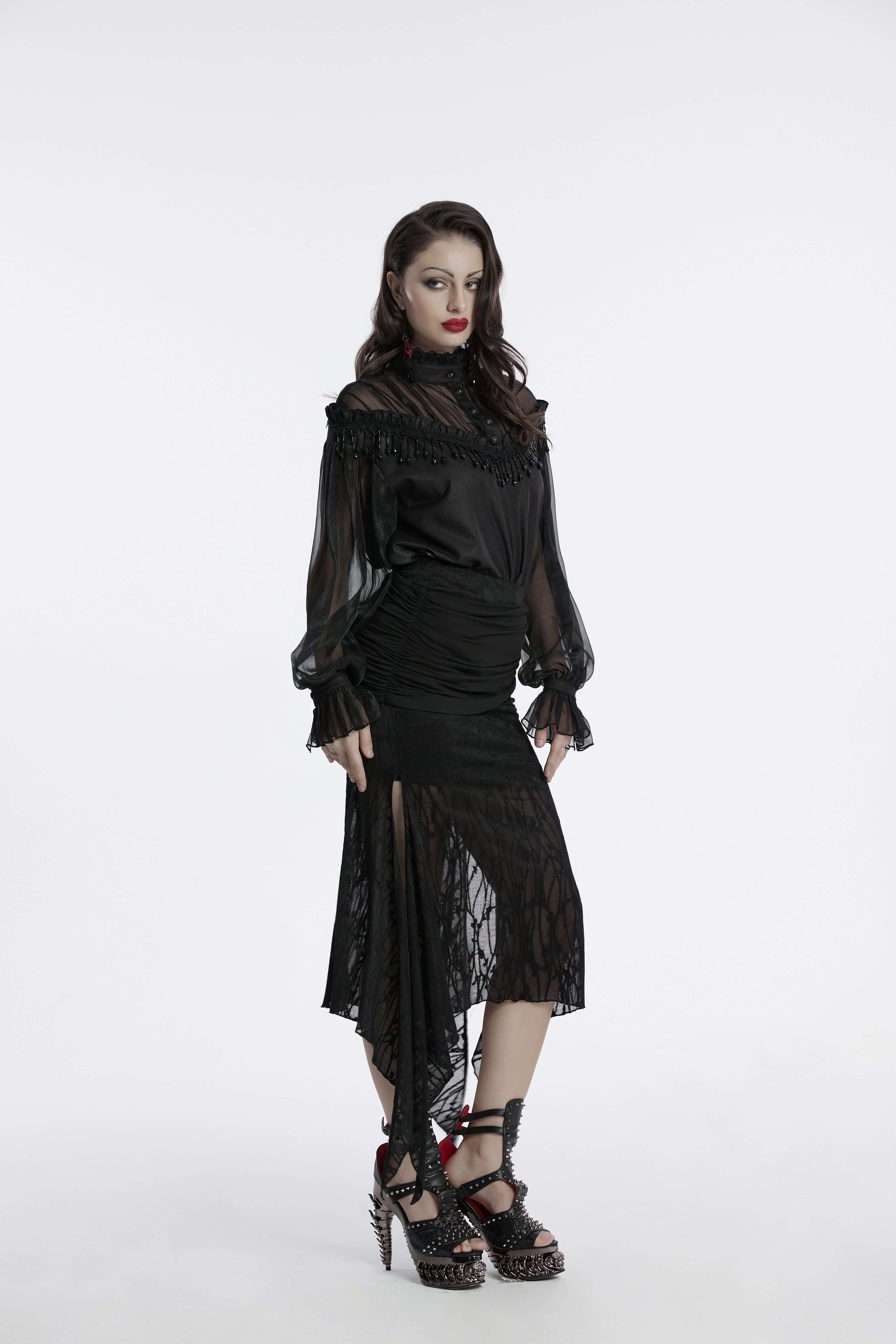 Punk Rave Arti Fishtail Skirt – Black Mesh and Modal Gothic Maxi
