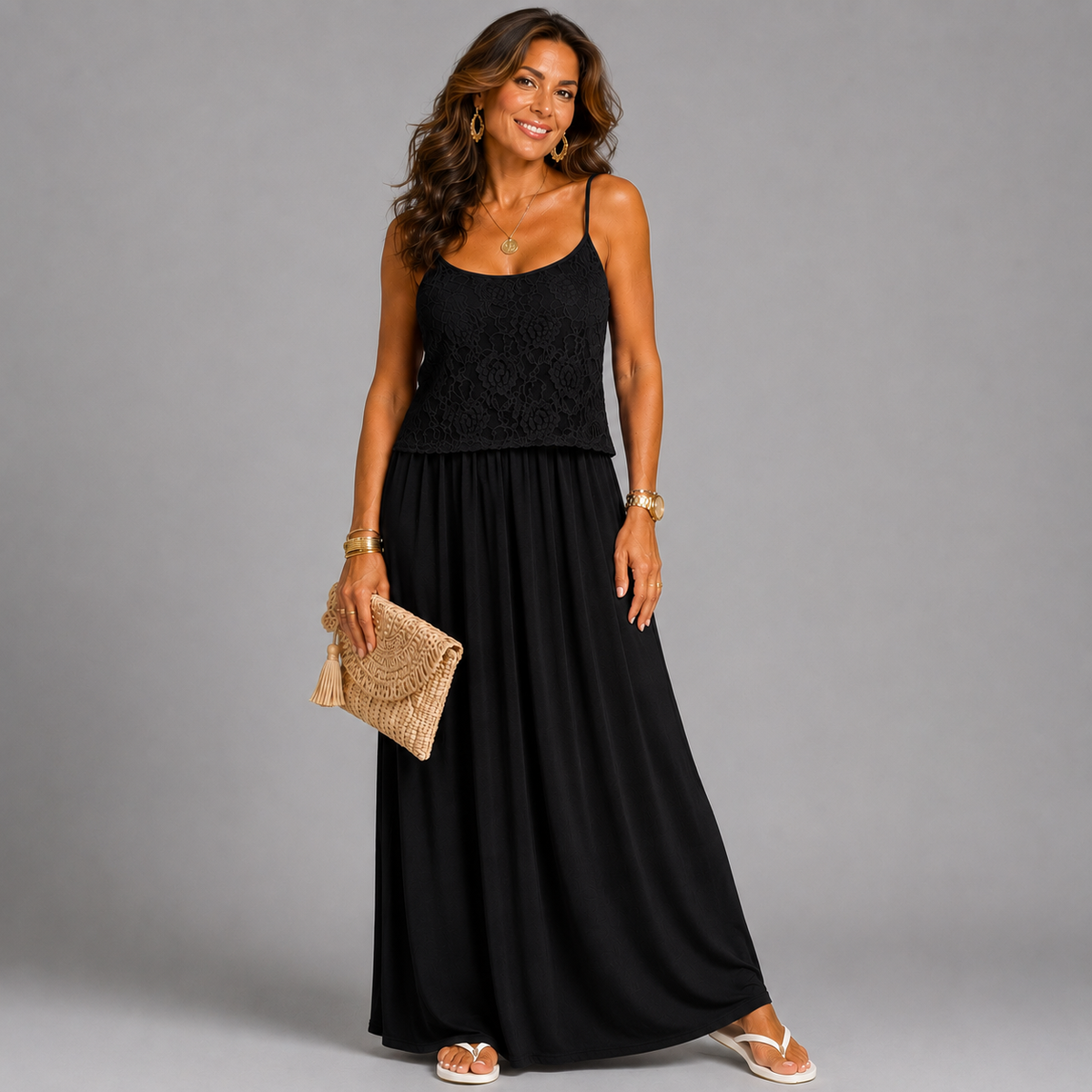 ROCKTHOSECURVES STRAPPY LACE OVERLAY MAXI DRESS