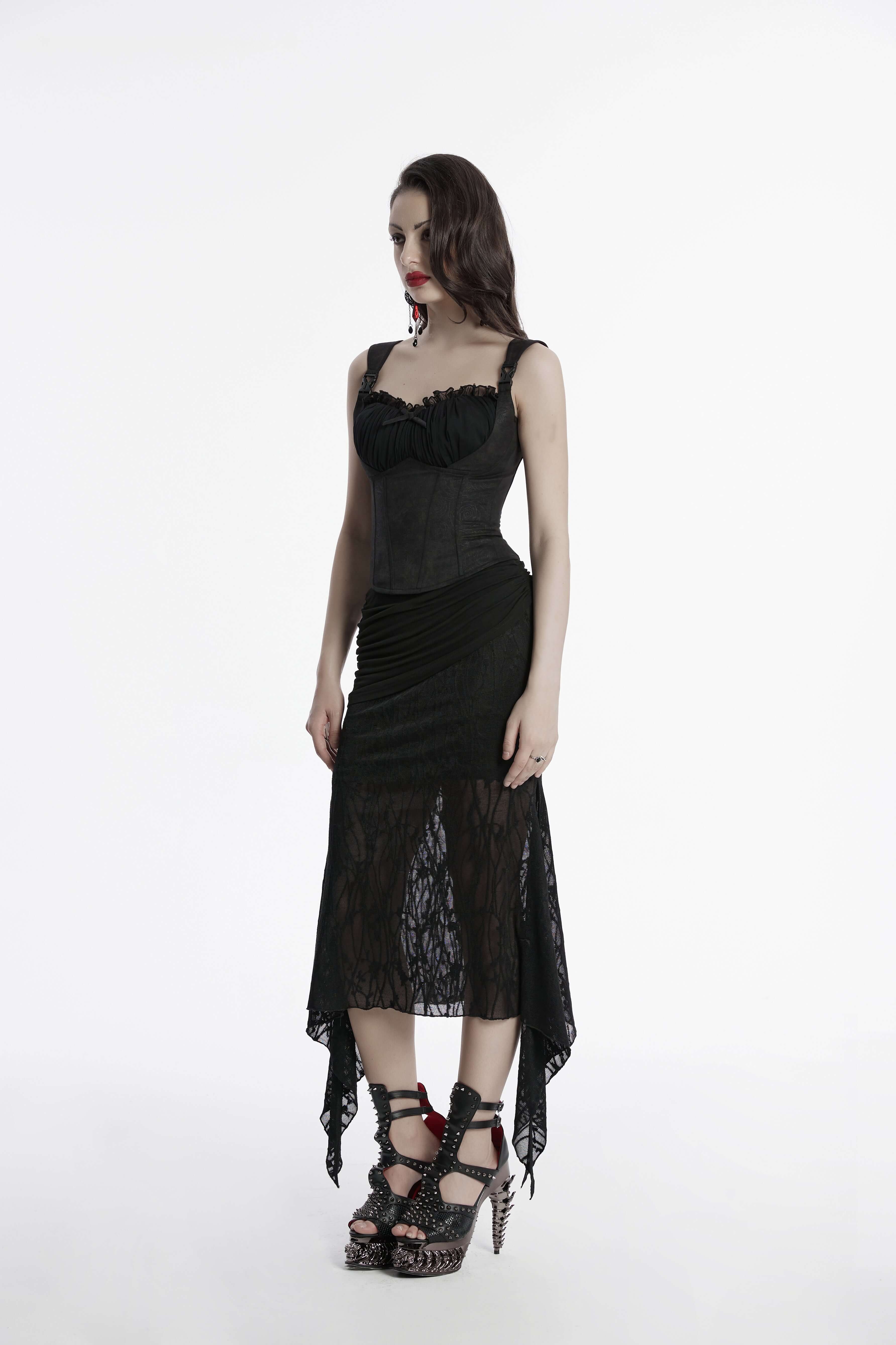 Punk Rave Arti Fishtail Skirt – Black Mesh and Modal Gothic Maxi
