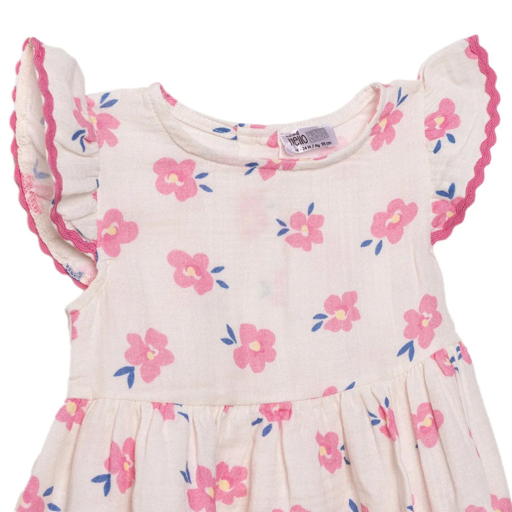 HelloBaby Girls Dress Floral Print Ditsy Flower Crew Neck Short Sleeve - Ecru Printed