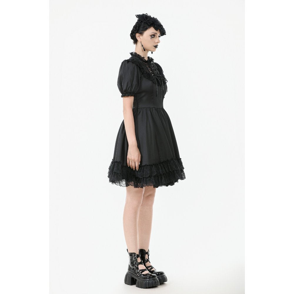 Dark in Love Belladonna Goth Dress – Black Lace-Up Puff Sleeve