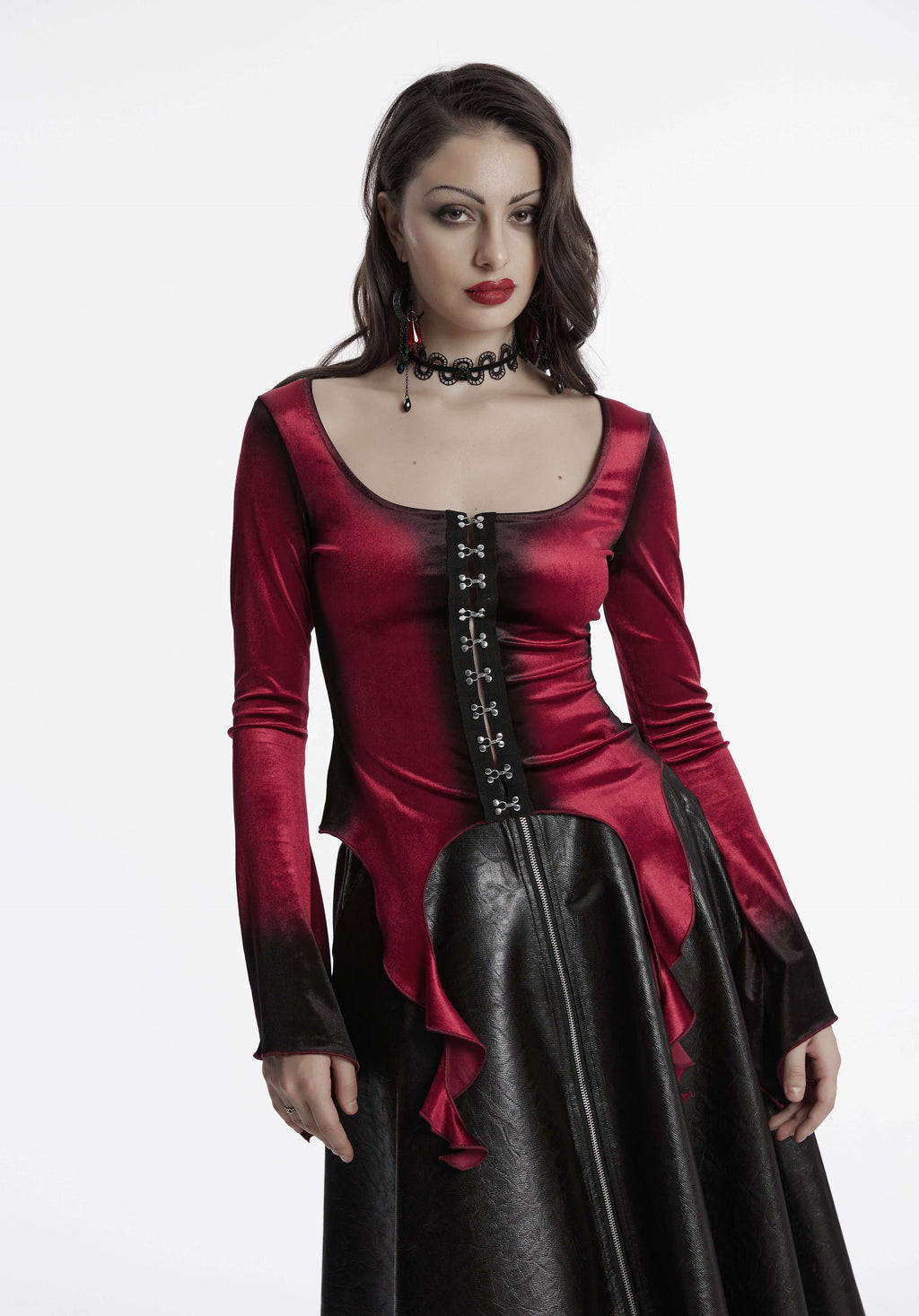 Punk Rave Leticia Burgundy Gradient Velvet Top with Feature Hooks
