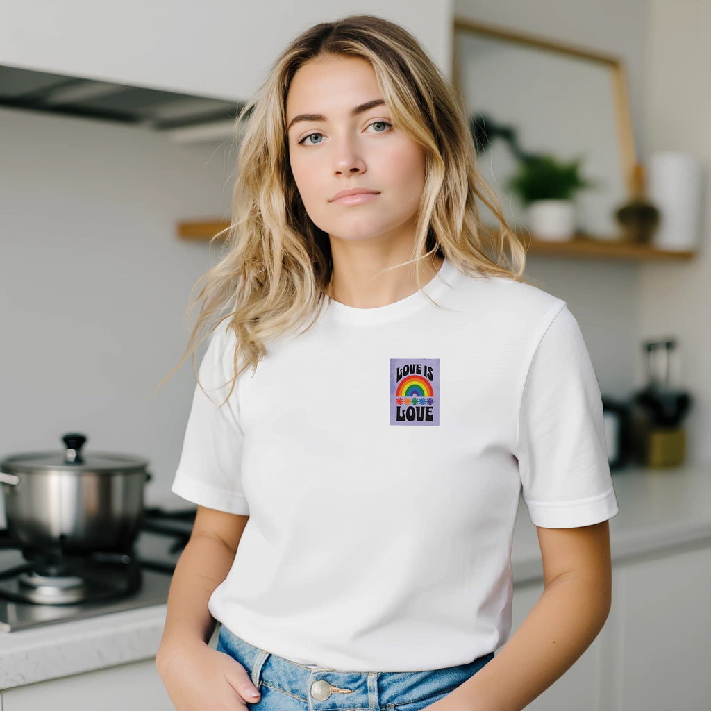 Love Is Love T-Shirt – Retro LGBTQ+ Pride Tee | Bella + Canvas 3001 Premium Unisex Crewneck | Rainbow Pocket Print Gift for All