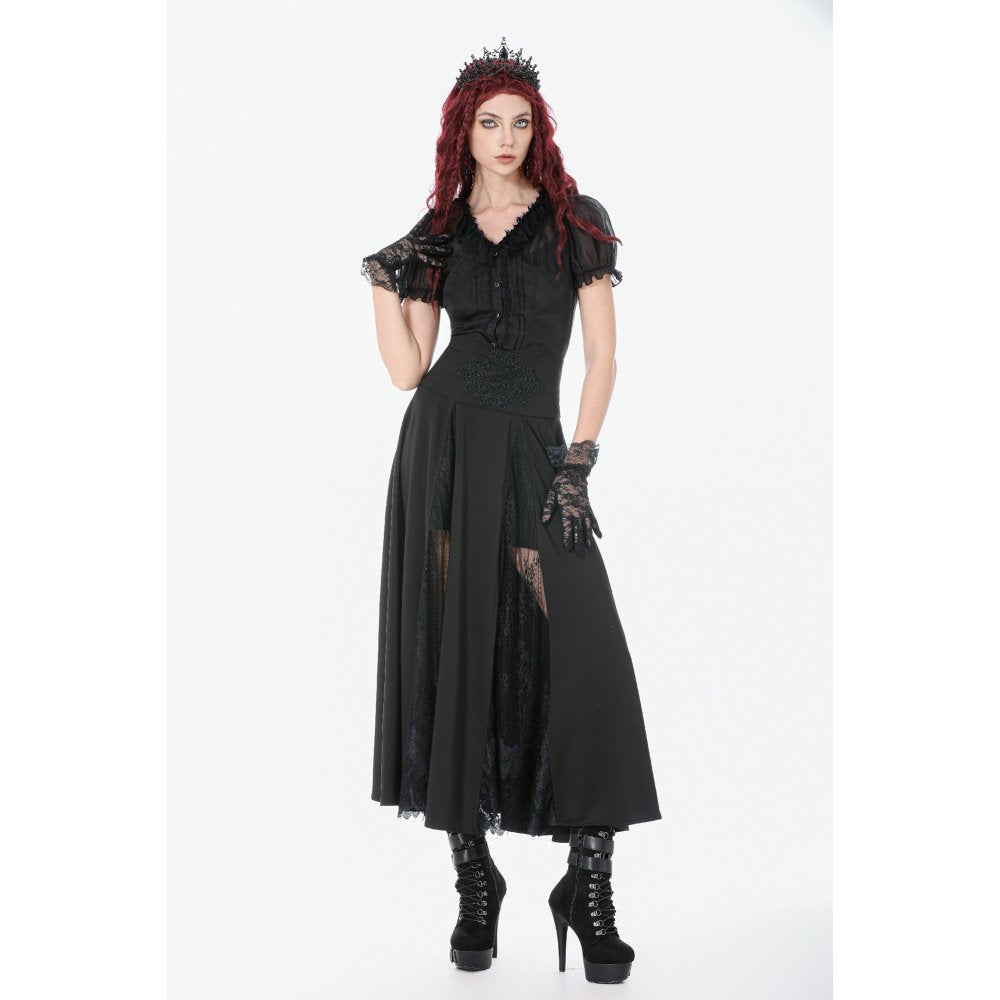 Dark in Love Gothic Long Skirt – High Waist Lace Inset Flowing Skirt