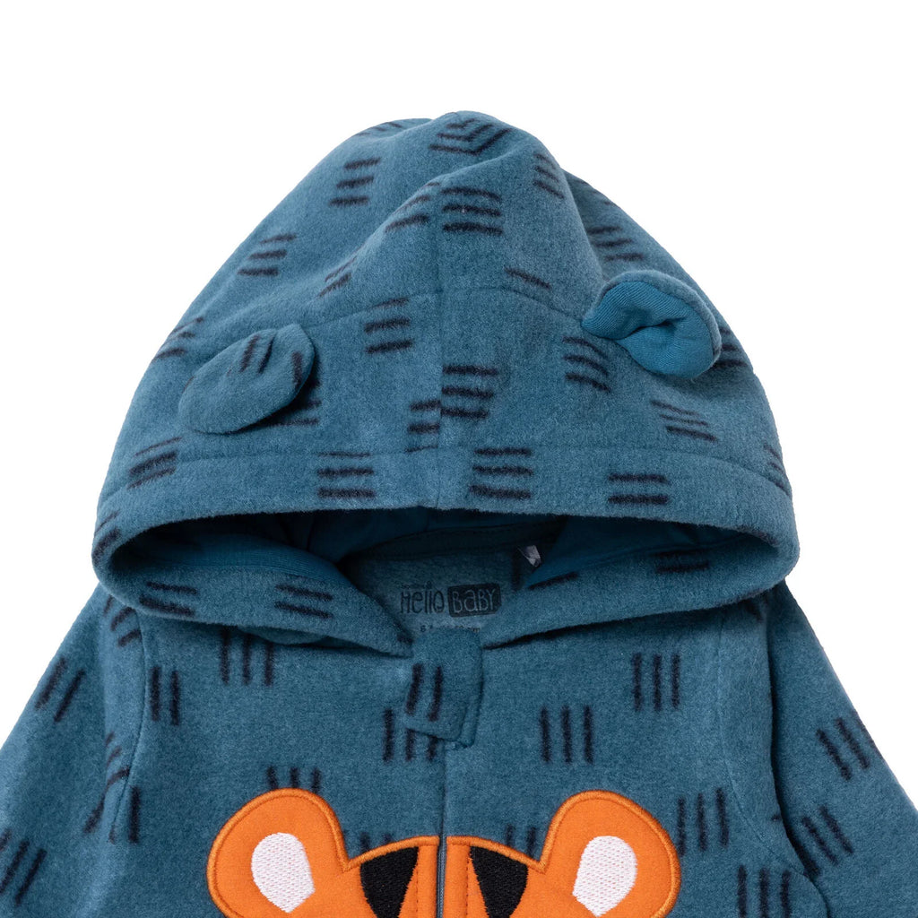 Baby Boy Fleece Footed Sleepsuit Animal Print Zip Fastening Hooded - Petrol Printed