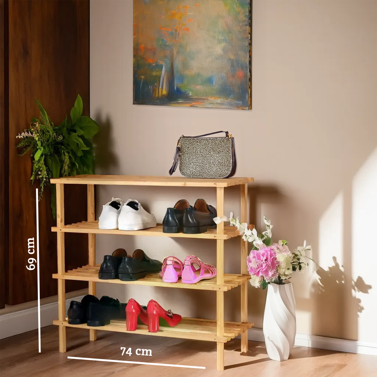 Orsina Arla 4 Tier Wooden Shoe Rack | Natural Entryway Storage Organiser