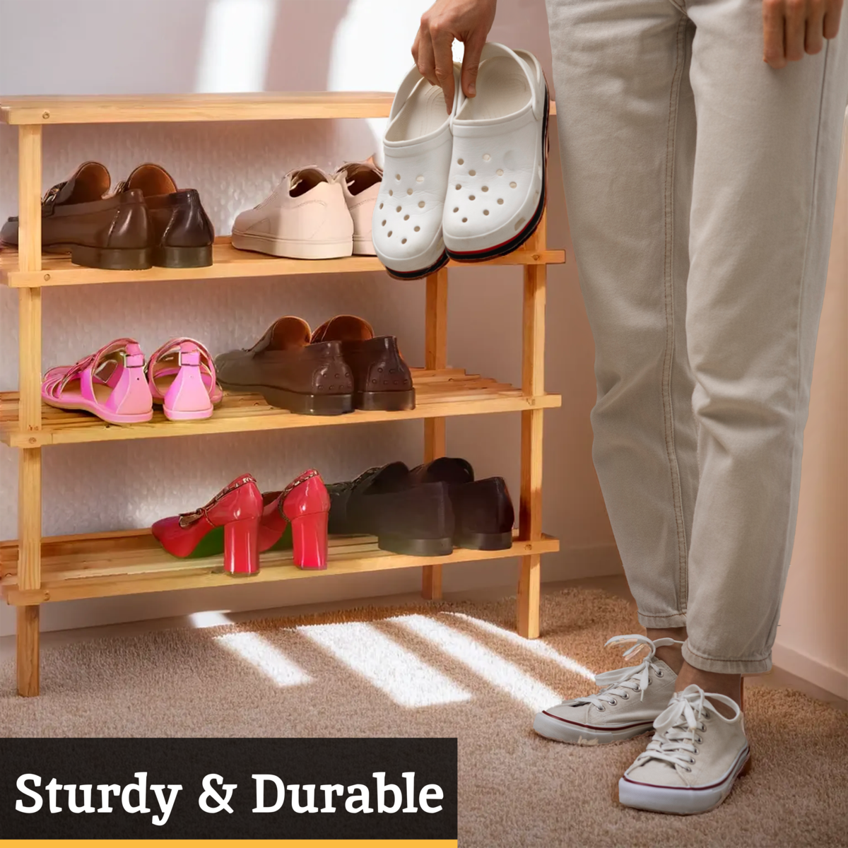 Orsina Arla 4 Tier Wooden Shoe Rack | Natural Entryway Storage Organiser