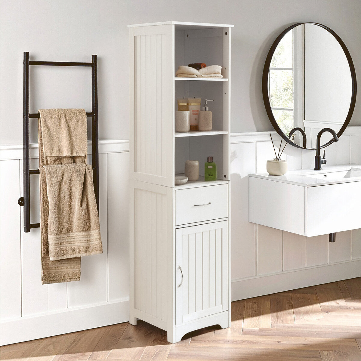 Orsina Portland Tall Cabinet – Slim White Bathroom Storage Tower