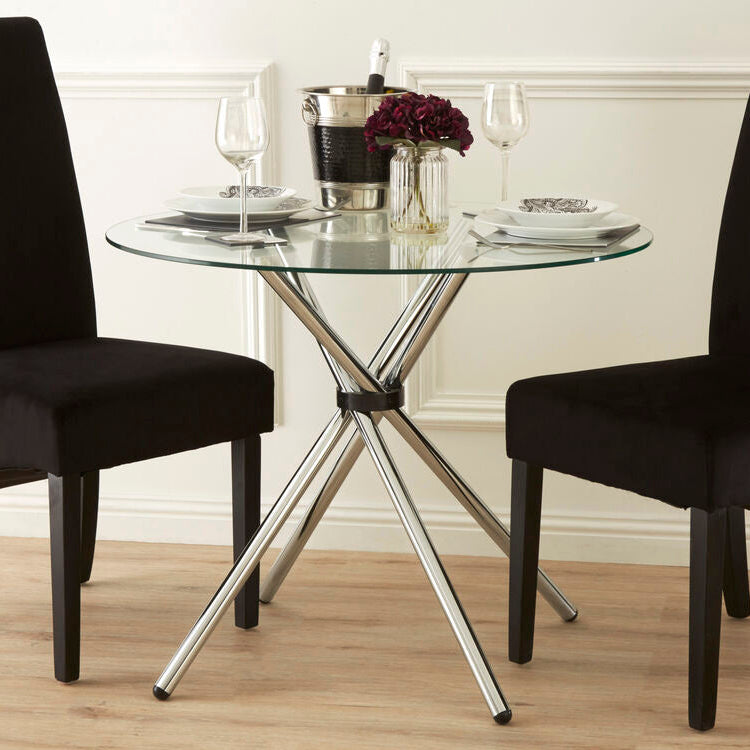 Orsina Afton Round Glass Dining Table – Silver Metal Cross Base