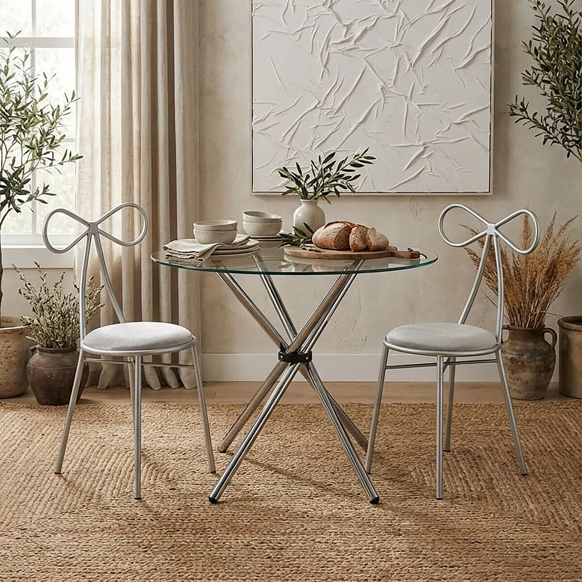 Orsina Afton Round Glass Dining Table – Silver Metal Cross Base