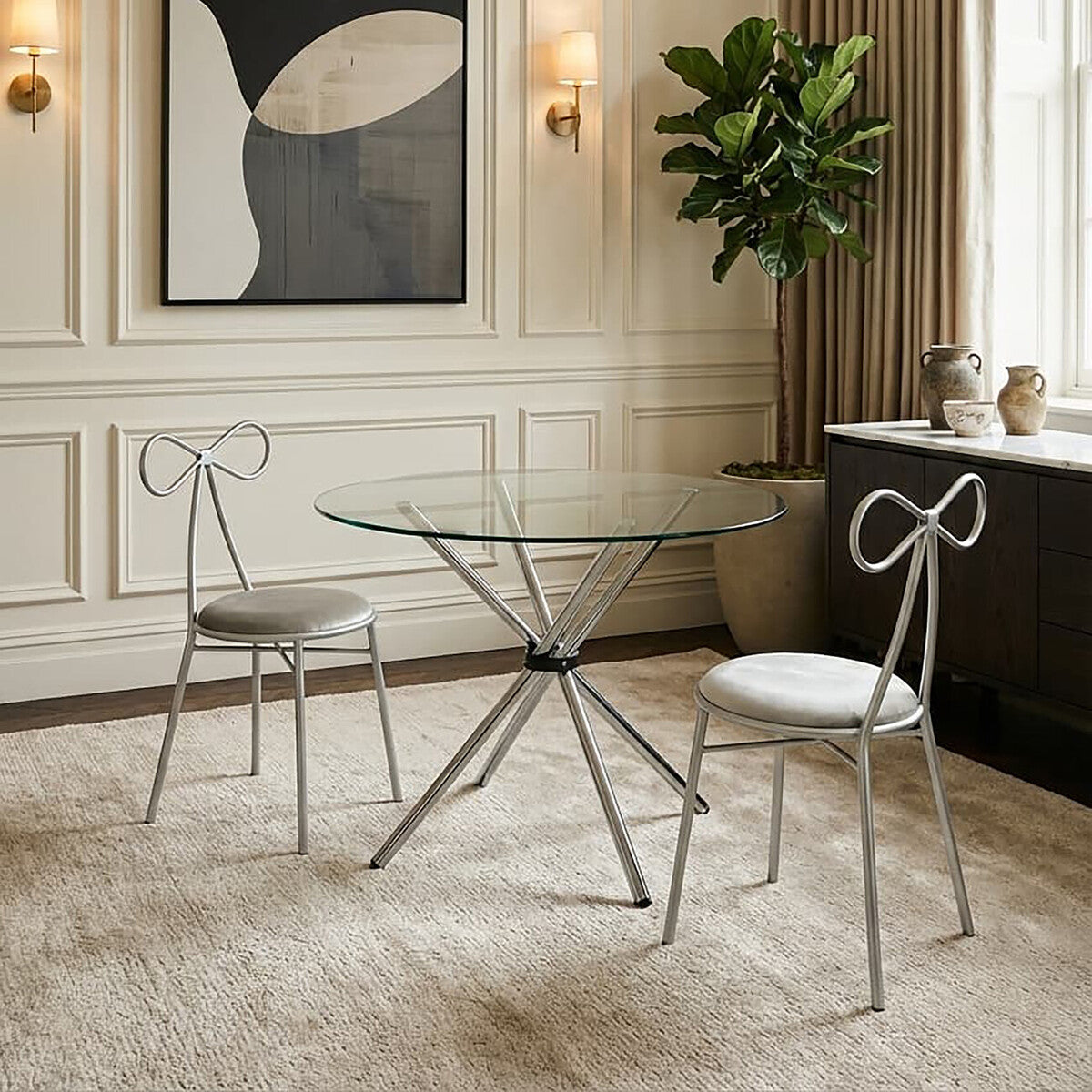 Orsina Afton Round Glass Dining Table – Silver Metal Cross Base