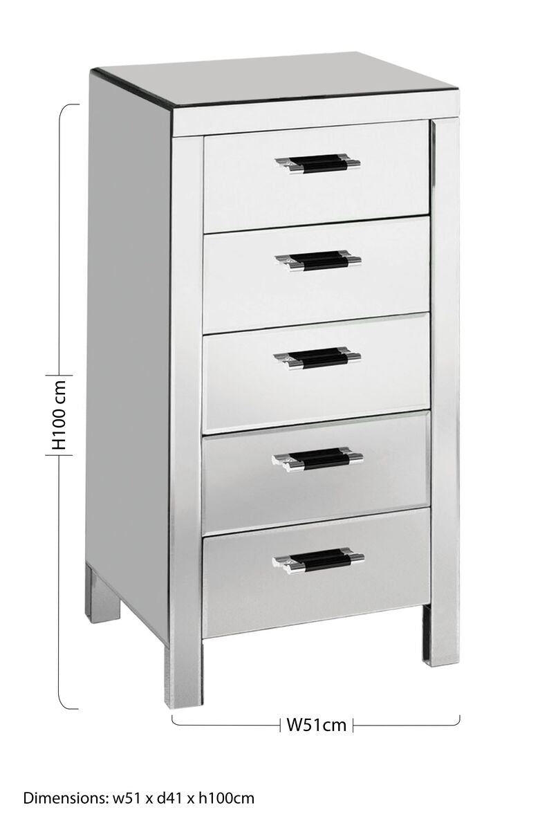 Orsina Vincenzo 5-Drawer Mirrored Chest – Tall Bevelled Glass Dresser