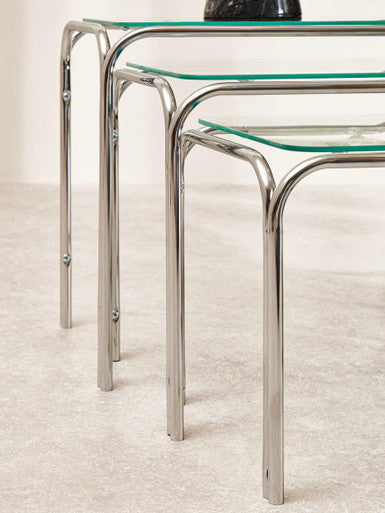 Orsina Jordan Nest of 3 Tables – Clear Glass and Silver Metal Frame