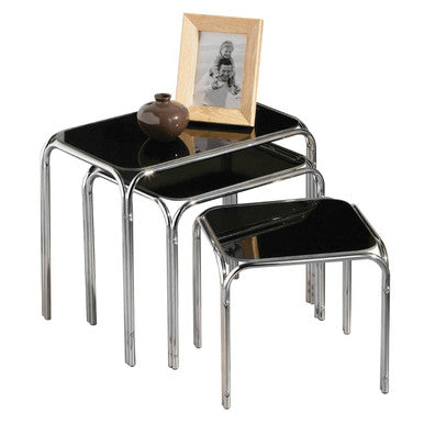 Orsina Jordan Nesting Tables | Set of 3 Black Glass & Silver Metal