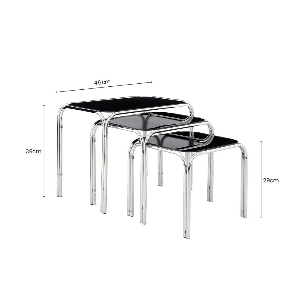 Orsina Jordan Nesting Tables | Set of 3 Black Glass & Silver Metal