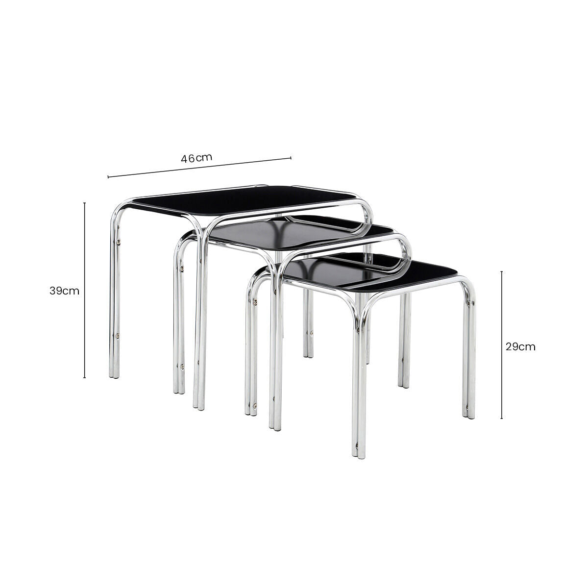 Orsina Jordan Nesting Tables | Set of 3 Black Glass & Silver Metal
