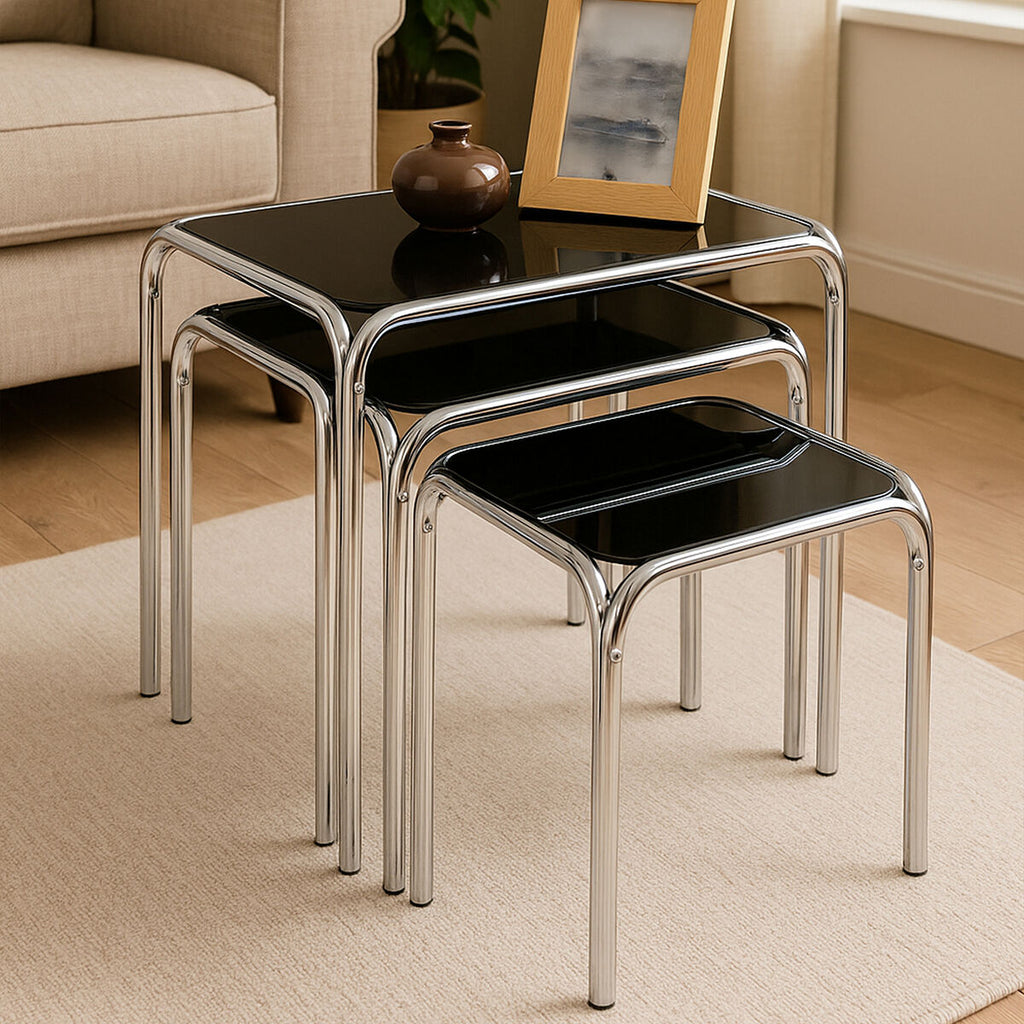 Orsina Jordan Nesting Tables | Set of 3 Black Glass & Silver Metal