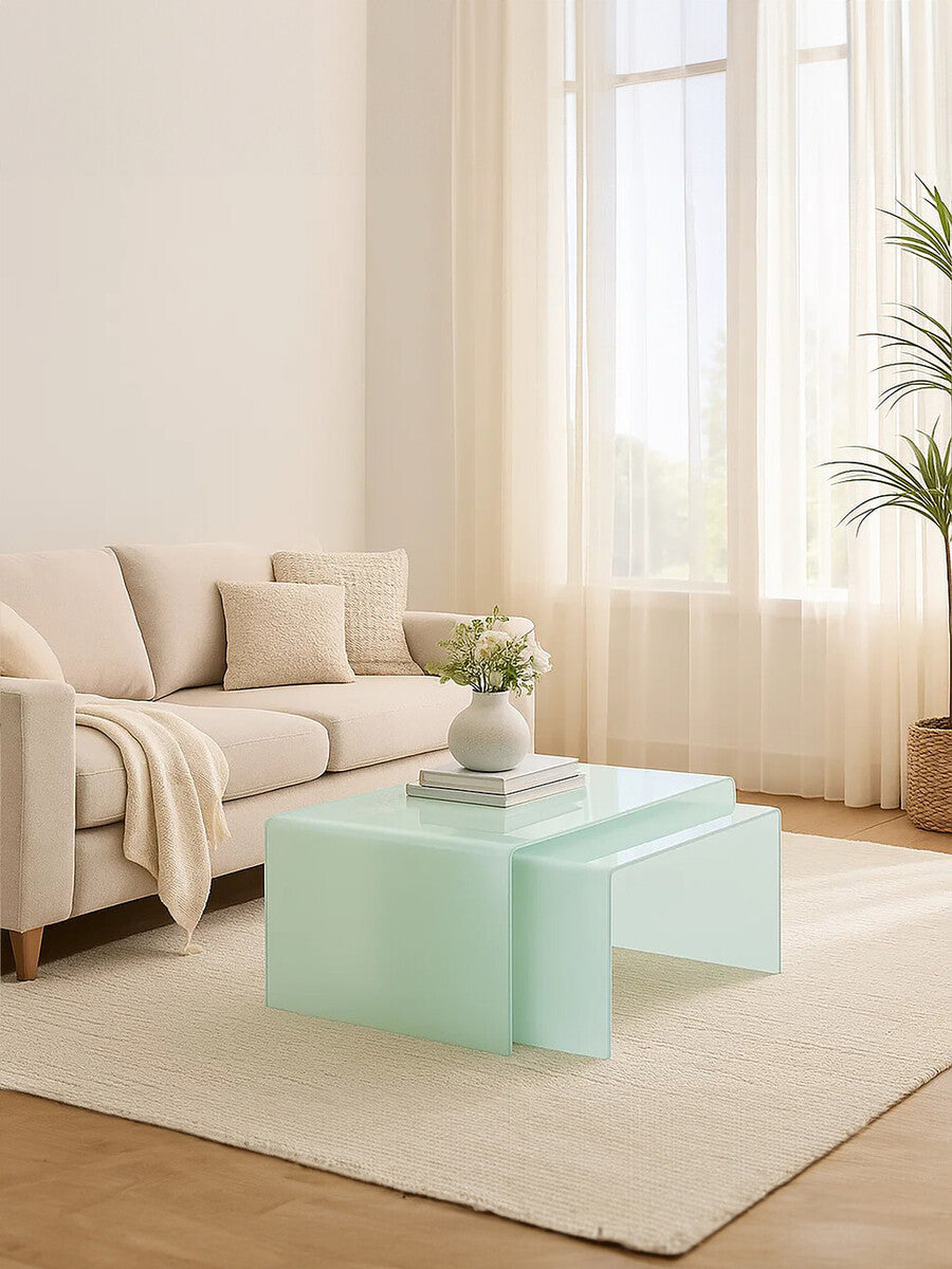 Orsina Cascade Nest of 2 Aqua Green Curved Glass Coffee Tables