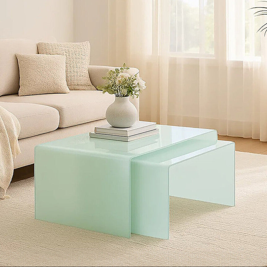 Orsina Cascade Nest of 2 Aqua Green Curved Glass Coffee Tables