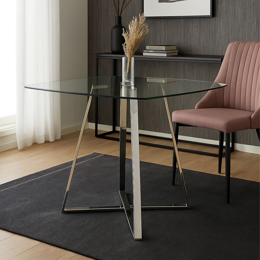Orsina Metropolitan Square Glass Dining Table with Silver Metal Base