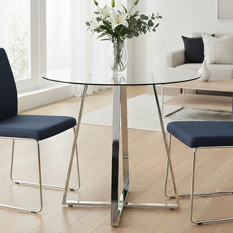 Orsina Metropolitan Round Glass Dining Table – Silver Steel Frame