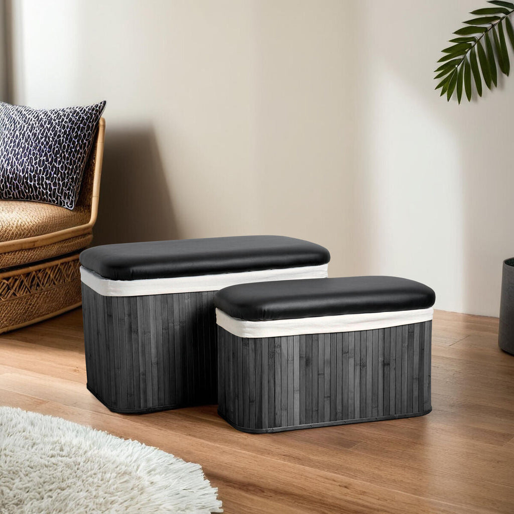 Orsina Bambi Black Bamboo Storage Ottoman Set of 2 with Canvas Lids