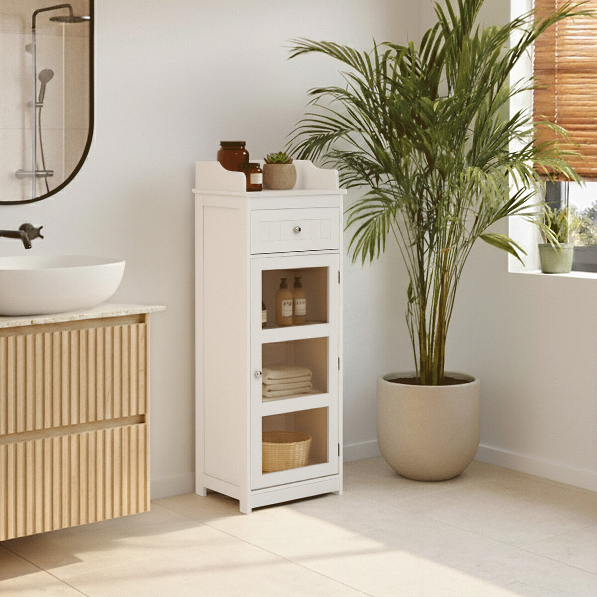 Orsina Portland Glass Door Floor Standing Cabinet – Modern Storage