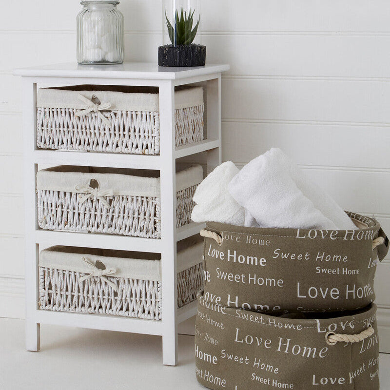 Orsina White Storage Unit with 3 Woven Maize Baskets – Compact Design