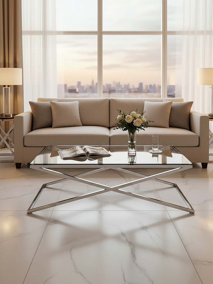 Orsina Montril Glass Coffee Table | Modern Black Criss Cross Base