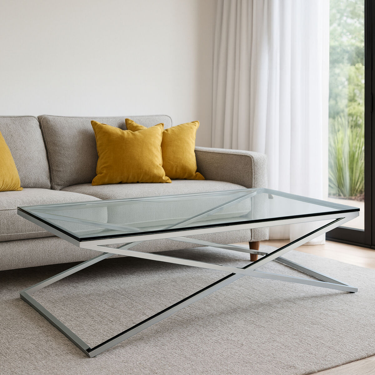 Orsina Montril Glass Coffee Table | Modern Black Criss Cross Base