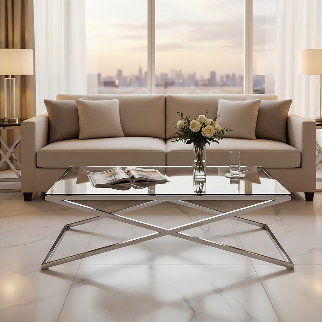 Orsina Montril Glass Coffee Table | Modern Black Criss Cross Base