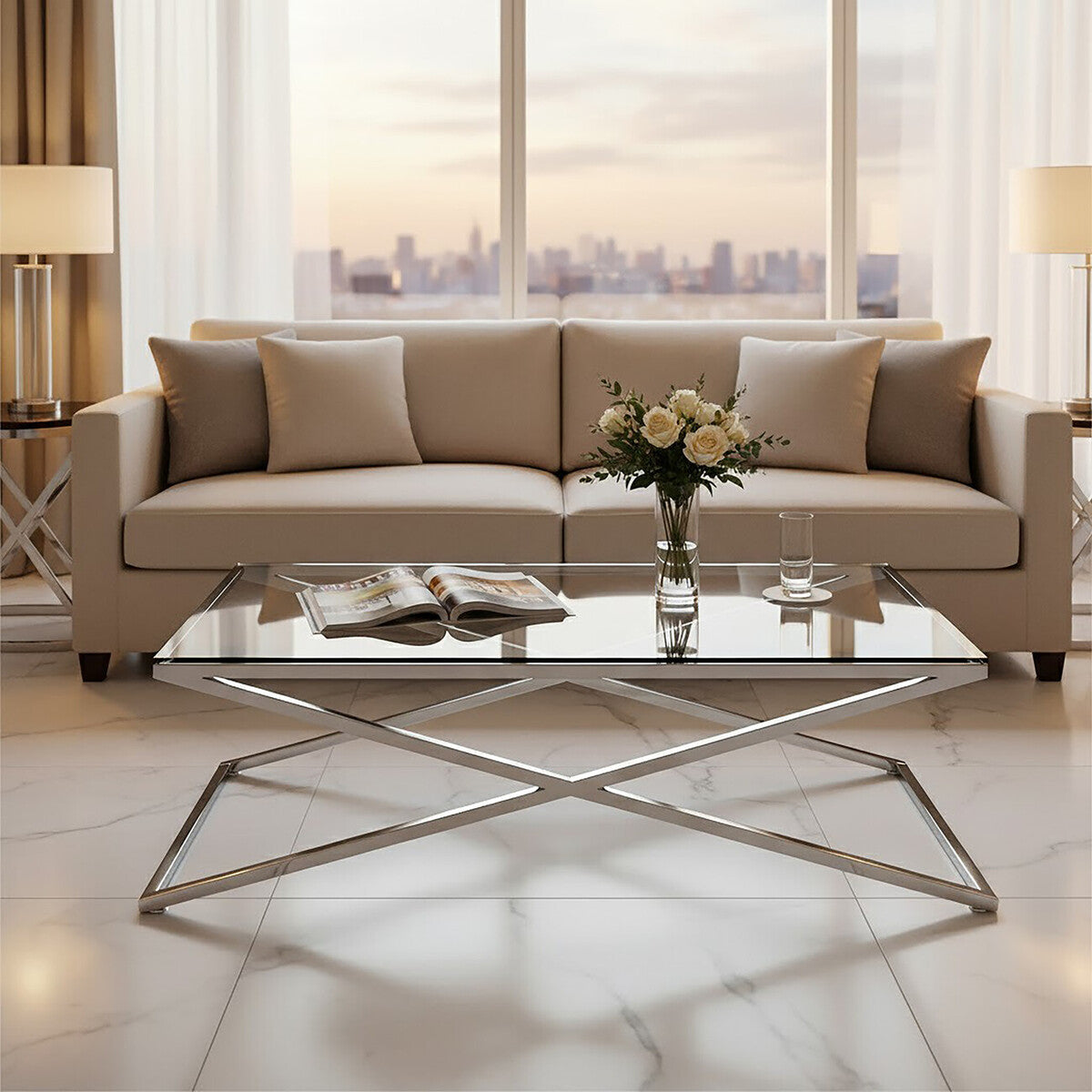 Orsina Montril Glass Coffee Table | Modern Black Criss Cross Base